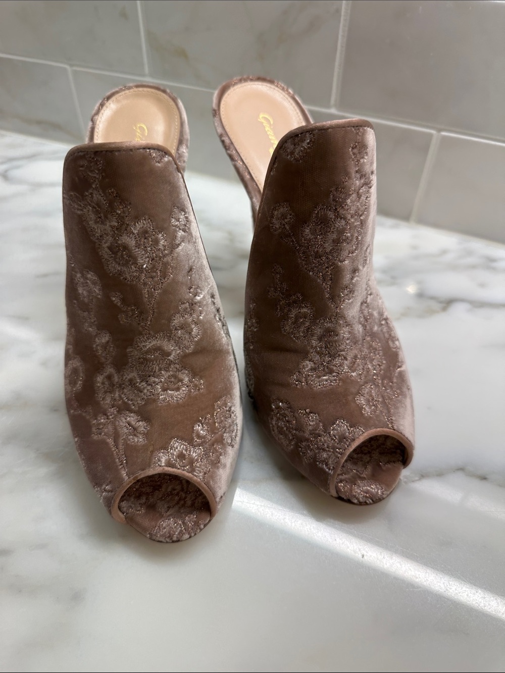 Gianvito Rossi Brown Velvet Peep-Toe Stiletto Mules